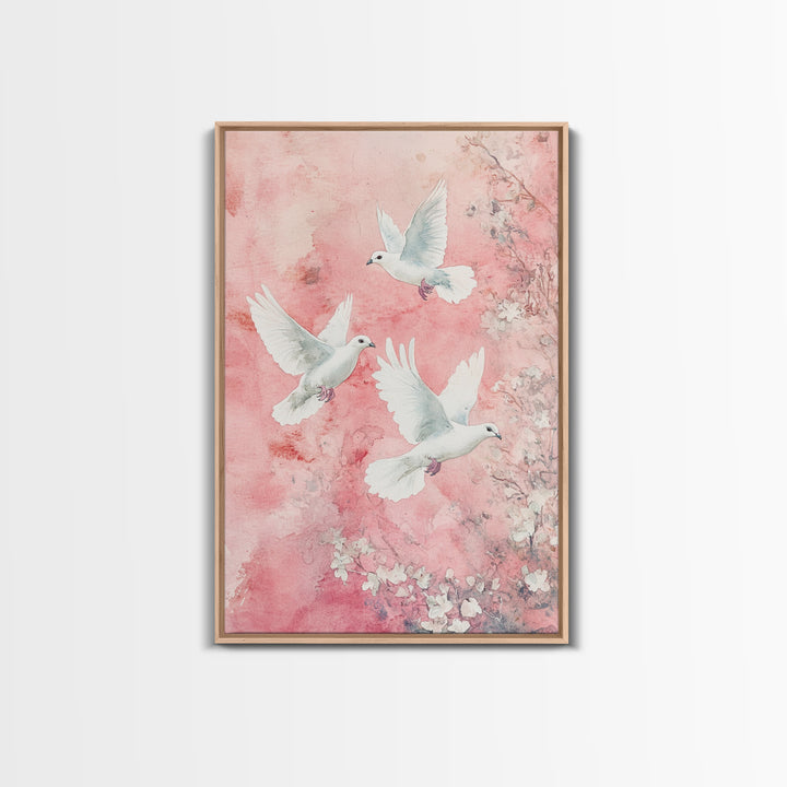 Cherry Blossom Art with Peaceful Doves Framed Canvas Print, Angelic Bird Art Pink Decor, Whimsical Bedroom or Living Room Gift