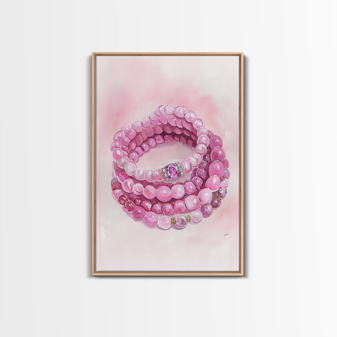 Pink Gemstone Bracelet Painting Framed Canvas Print, Whimsical Jewelry Art Light Pink Decor, Feminine Bedroom or Gift Aesthetic