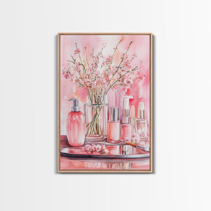 Pink wildflower botanical prints with glass bottles framed canvas print for bedroom or guest room rustic decor gift idea her wall art