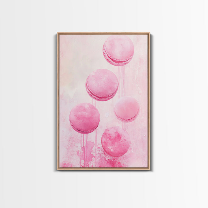 Cute pink macarons whimsical kitchen framed canvas print food review dessert art playful pastel decor cozy gift idea fun wall art