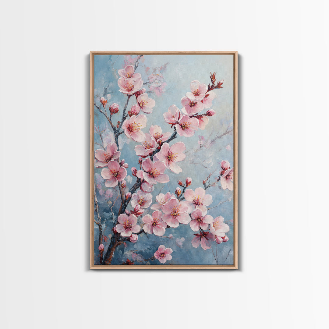 Cherry Blossom Painting Framed Canvas Print | Japanese Sakura Wall Art | Light Pink Wall Art Above Sofa Decor | Floral Nature Print