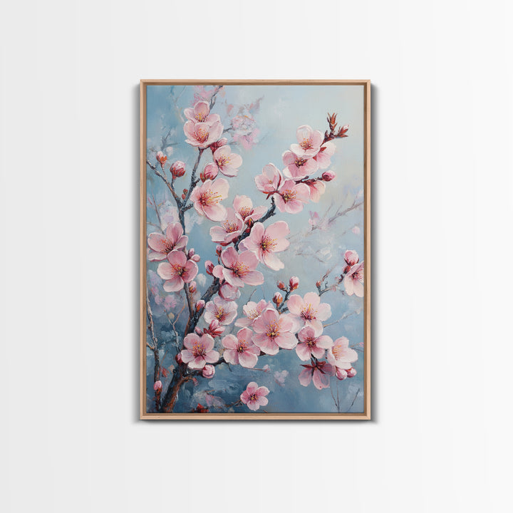 Cherry Blossom Painting Framed Canvas Print | Japanese Sakura Wall Art | Light Pink Wall Art Above Sofa Decor | Floral Nature Print