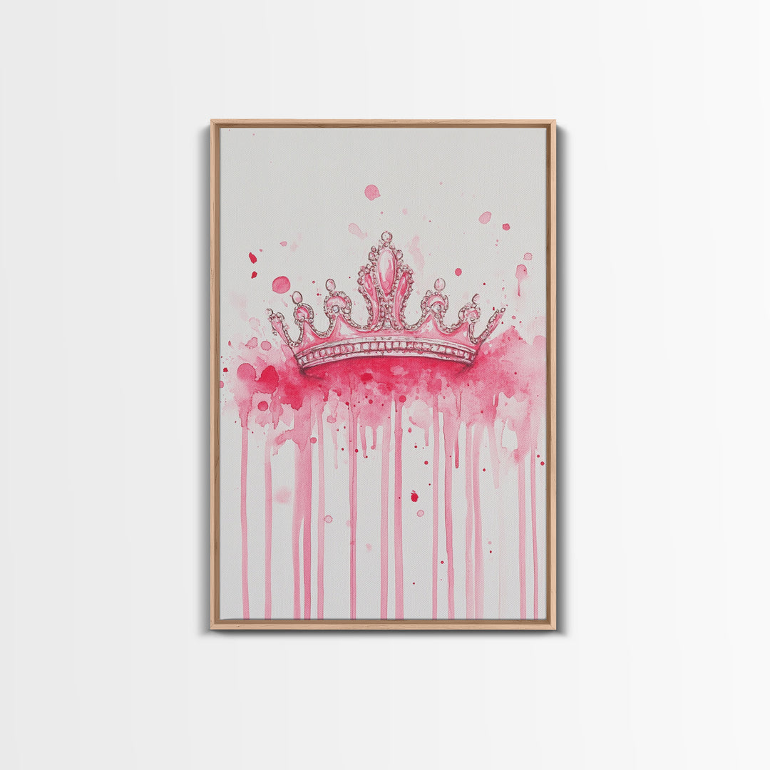 Pink Crown Canvas Print Framed Royal Aesthetic Art Whimsical Wall Art Light Pink Accent Bedroom or Living Room Rustic Decor Gift