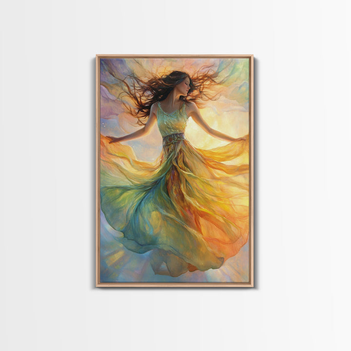 Enchanting Dancing Light Woman Canvas Print, Whimsical Art Adding Elegant Vibes to Living Room or Extra Wide Horizontal Wall Art