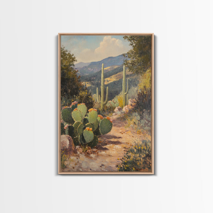 Cactus Bloom Framed Canvas Print Rustic Wall Art Living Room Decor Farmhouse Wall Art Original Painting Gift Idea Landscape Art