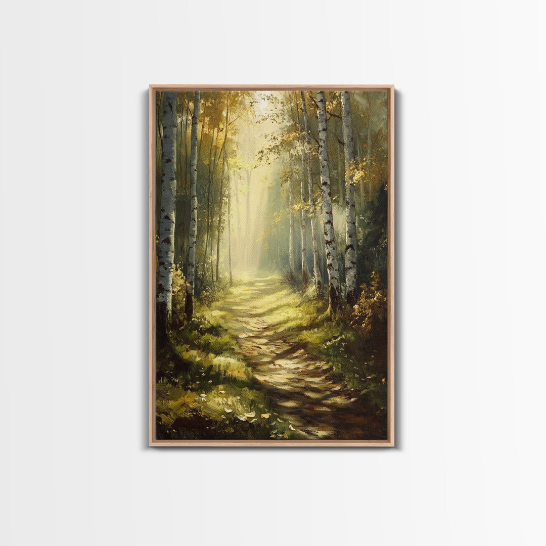 Birch Forest Path Framed Canvas Print Rustic Wall Art Farmhouse Wall Art Nature Landscape Art Above Bed Wall Art Fall Decor Living Room Art