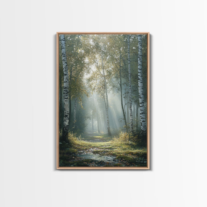 Birch Tree Painting Framed Canvas Print Rustic Wall Art Nature Landscape Gift Living Room Decor Tall Vertical Art for Home