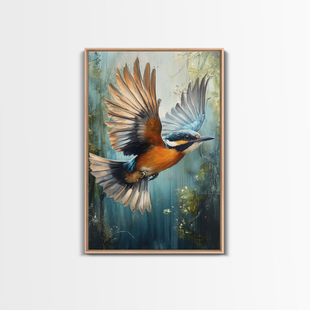 Blue Kingfisher Bird Canvas Print | Vibrant Nature Painting Wall Art | Wildlife Rustic Art Above Sofa | Whimsical Bird Original Artwork