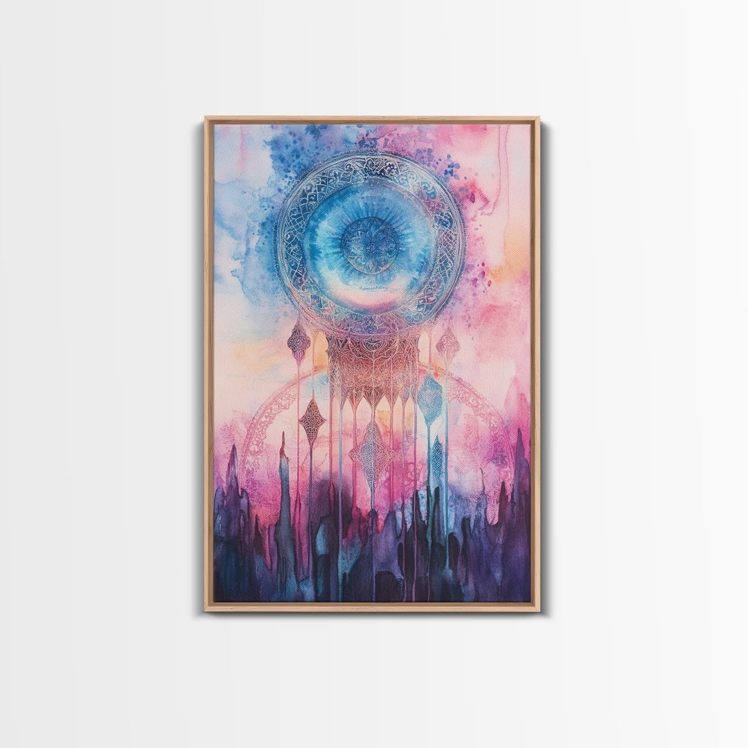 Mystic Sacred Geometry Framed Canvas Print with Bahai Art Elements and Vibrant Pink Blue Abstract, Boho Home Wall Decor