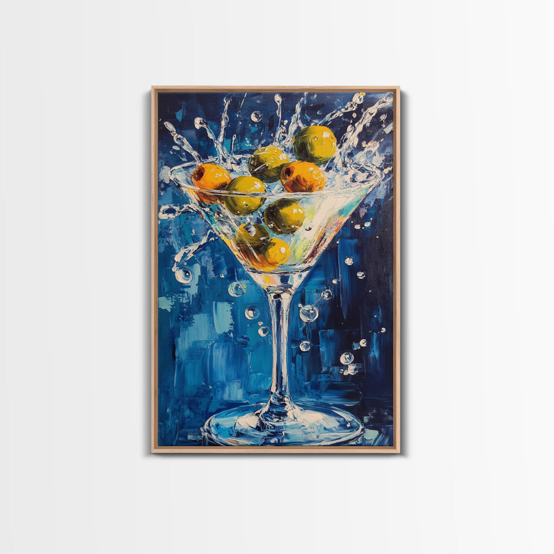 Splashing Olive Martini Canvas Print with Vibrant Cocktail Art, Perfect Bar Decor and Kitchen Wall Art Statement Piece