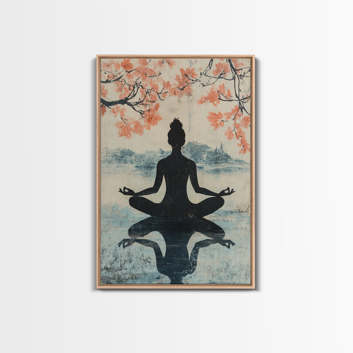 Cherry Blossom Canvas Print Featuring Zen Silhouette, Oriental Inspired Wabi Sabi Art, Minimalist Yoga Wall Art for Tranquility