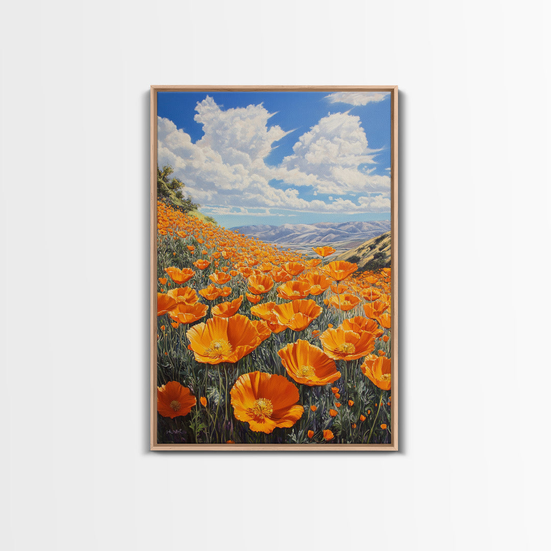 California Poppy Canvas Print with Vibrant Wildflower Painting, Rustic Living Room Art, Nature Landscape for Farmhouse Wall Decor