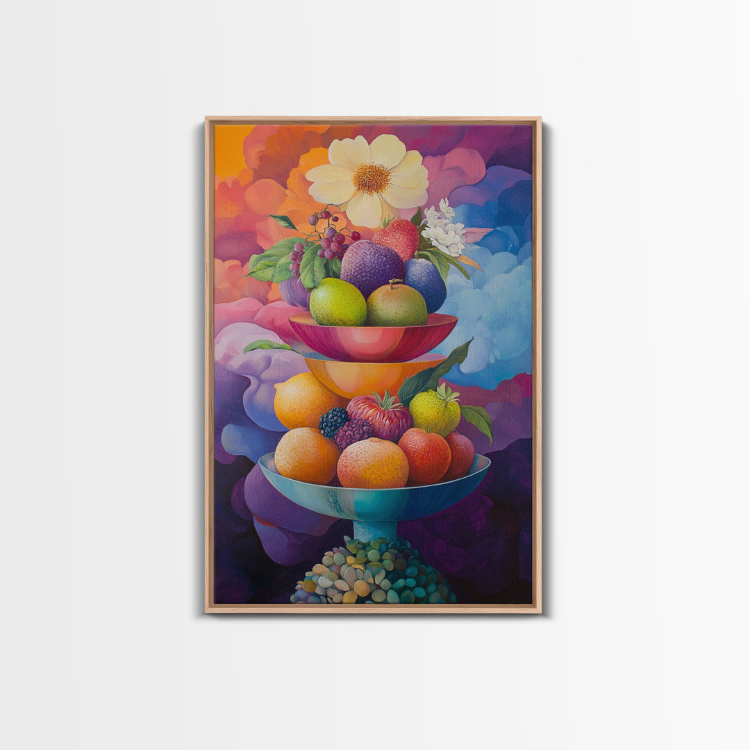 Colorful Fruit Bowl Canvas Print Featuring Still Life Painting, Whimsical Kitchen Art, Vibrant Food Review Wall Art for Dining Spaces