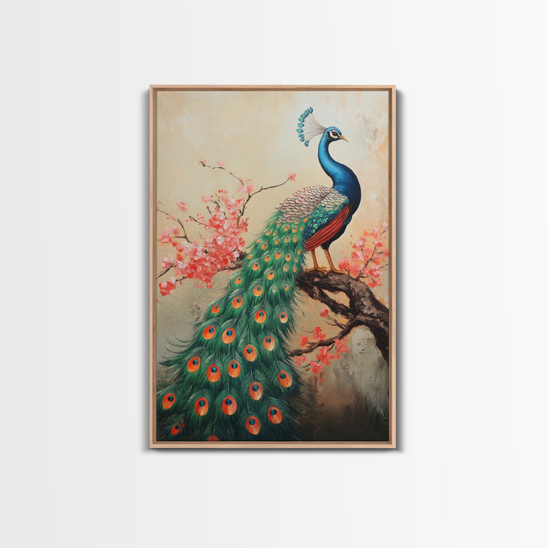 Peacock Canvas Print with Cherry Blossom Painting, Vibrant Oriental Art, Rustic Chinoiserie Wall Decor, Bold Statement Piece for Living Room
