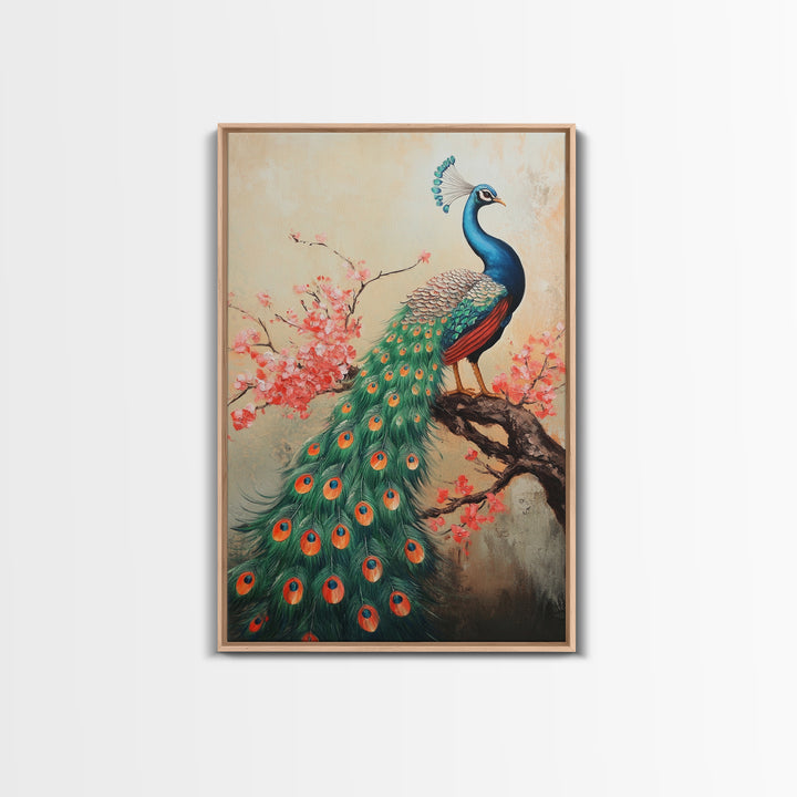 Peacock Canvas Print with Cherry Blossom Painting, Vibrant Oriental Art, Rustic Chinoiserie Wall Decor, Bold Statement Piece for Living Room