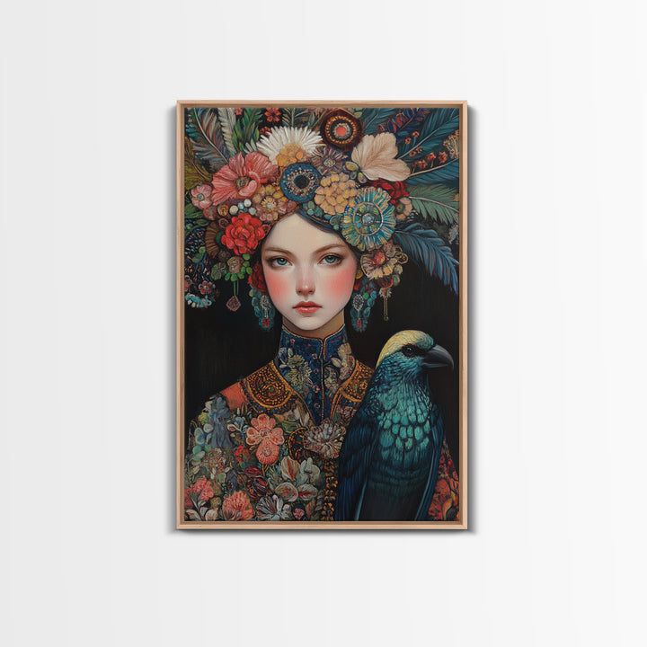 Goddess Art Framed Canvas Print Featuring Whimsical Floral Headdress and Bird Art, Boho Bedroom Art with Vibrant Chinoiserie Vibes