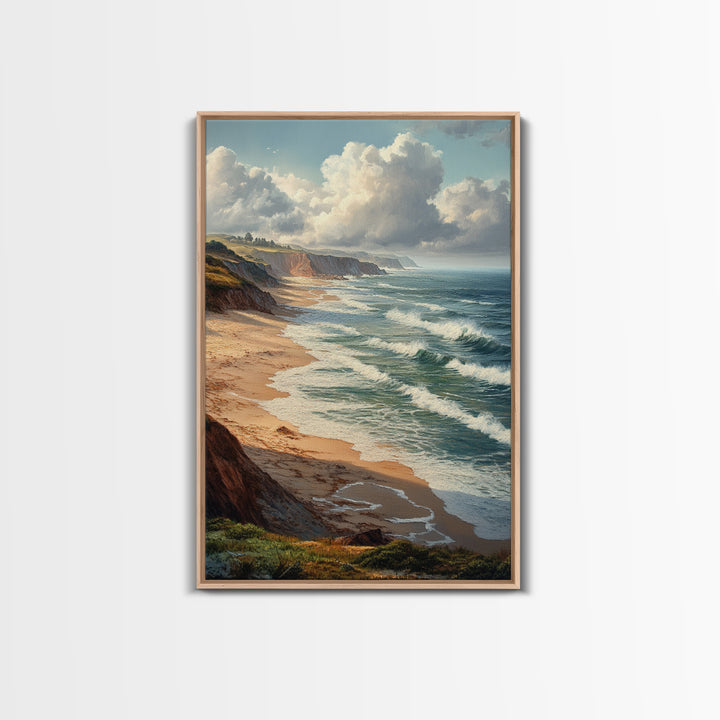 Coastal Seascape Framed Canvas Print Ocean Landscape Painting Cliffside Waves Art Nautical Coastal Decor Above Sofa Rustic Living Room Art