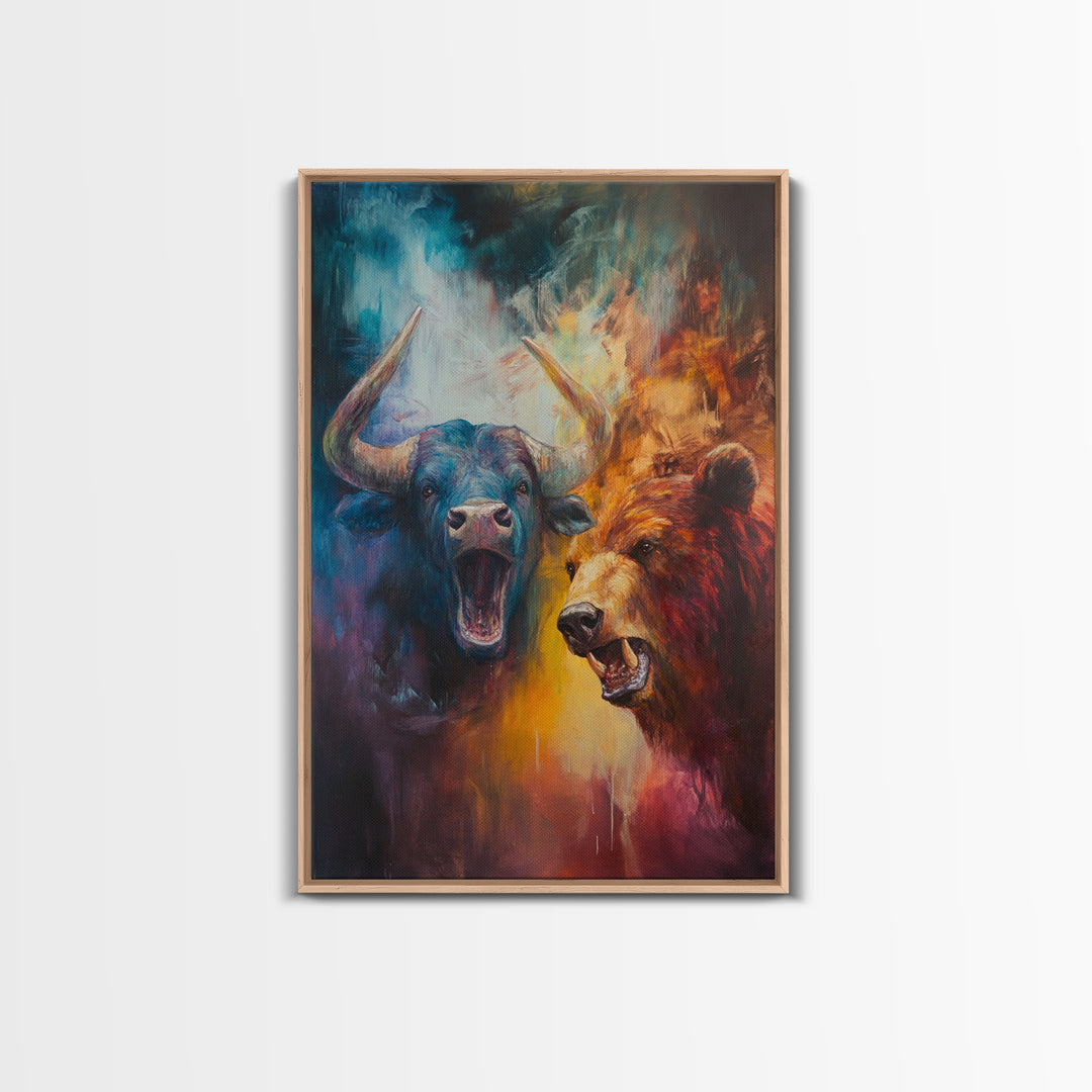 Bull and Bear Duel Framed Canvas Print Vibrant Moody Art Rustic Wall Art Unique Gift Idea Living Room Decor Animal Art Financial Market Theme