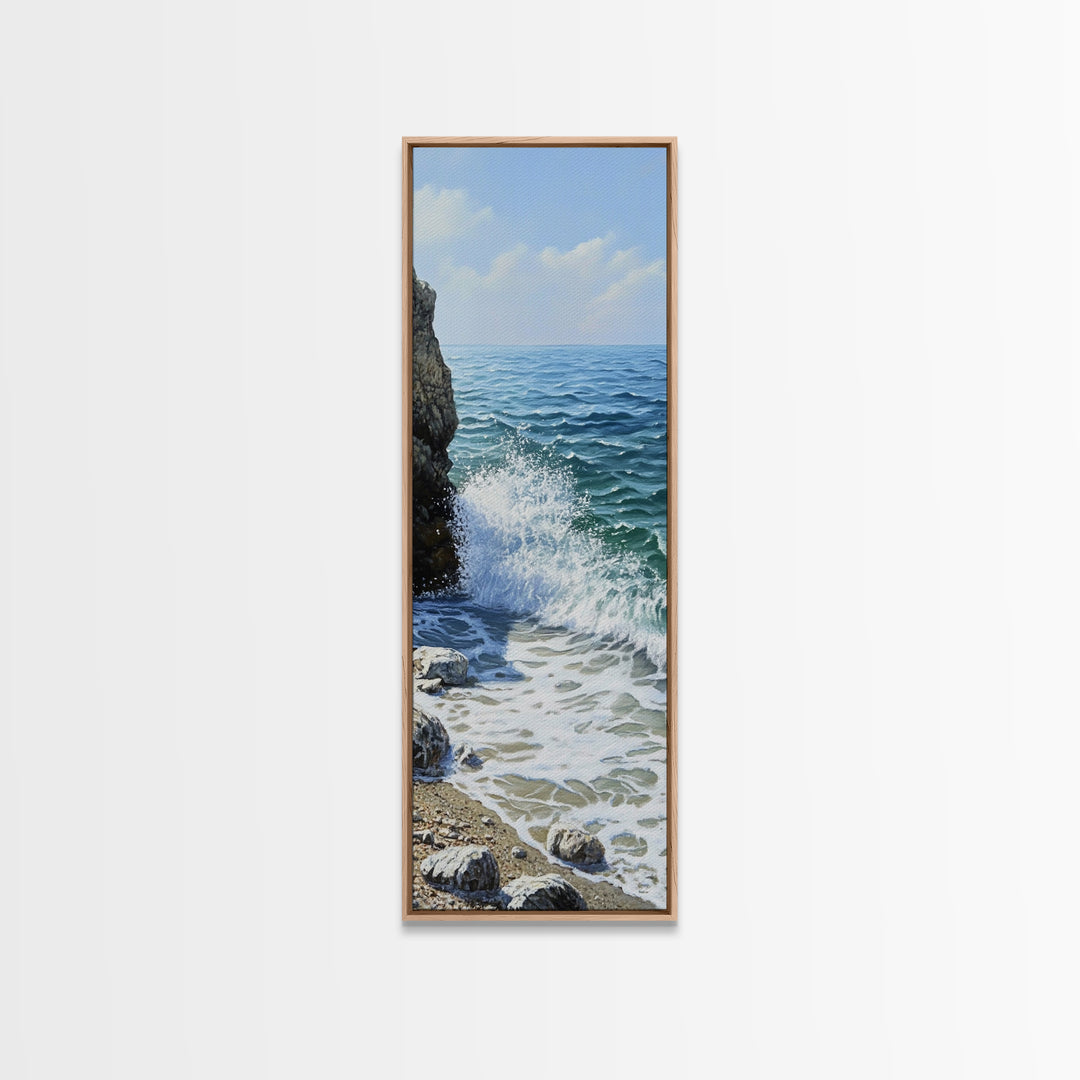 Ocean Waves, rocky beach seascape, coastal painting, nautical decor, landscape painting, extra wide art, Canvas Print
