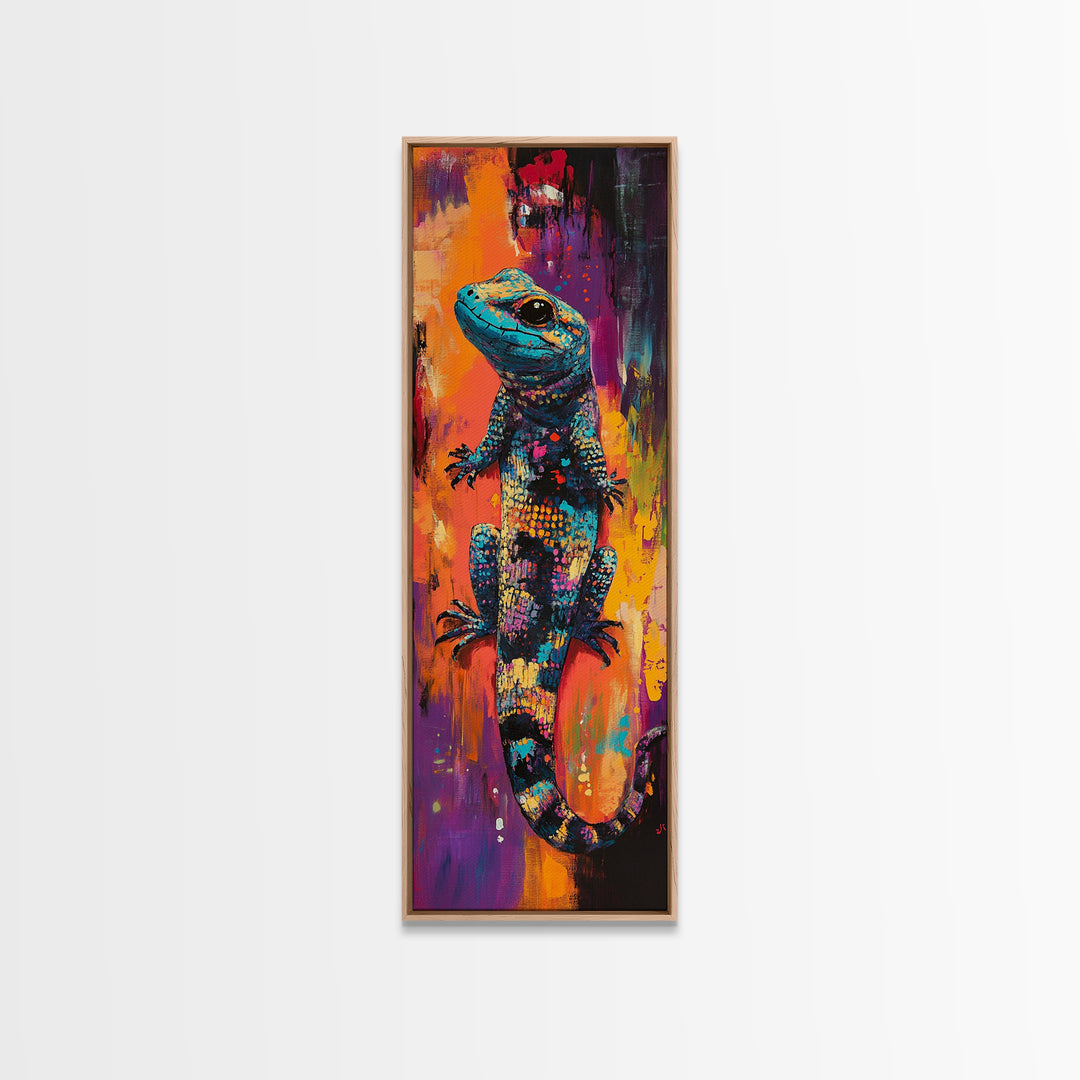 Colorful Lizard, whimsical art, chicano art, boho art, blotter art, psychedelic painting, extra wide art, Framed Canvas Print