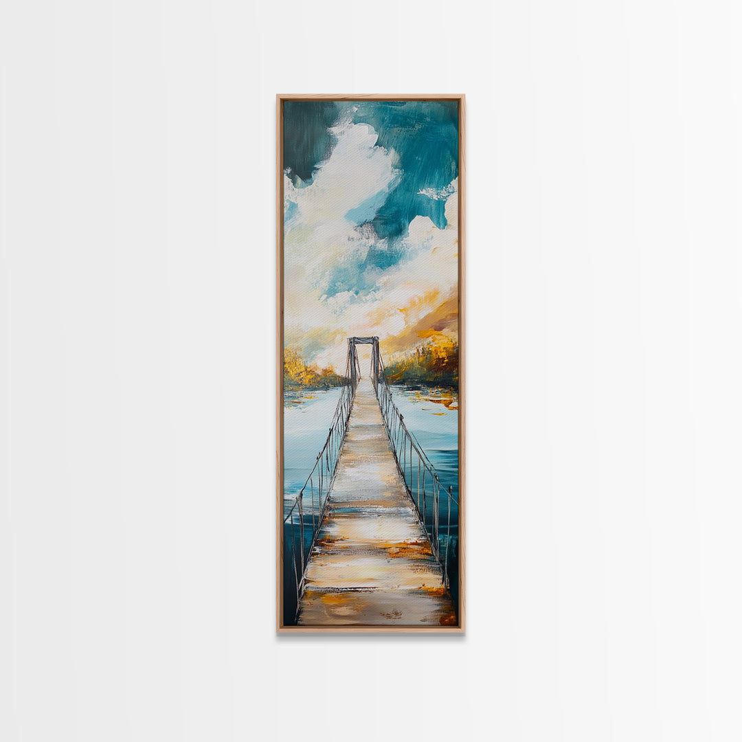Bridge Over Water, rustic decor, wabi sabi art, boho art, tall skinny art, extra wide art, Framed Canvas Print, farmhouse art
