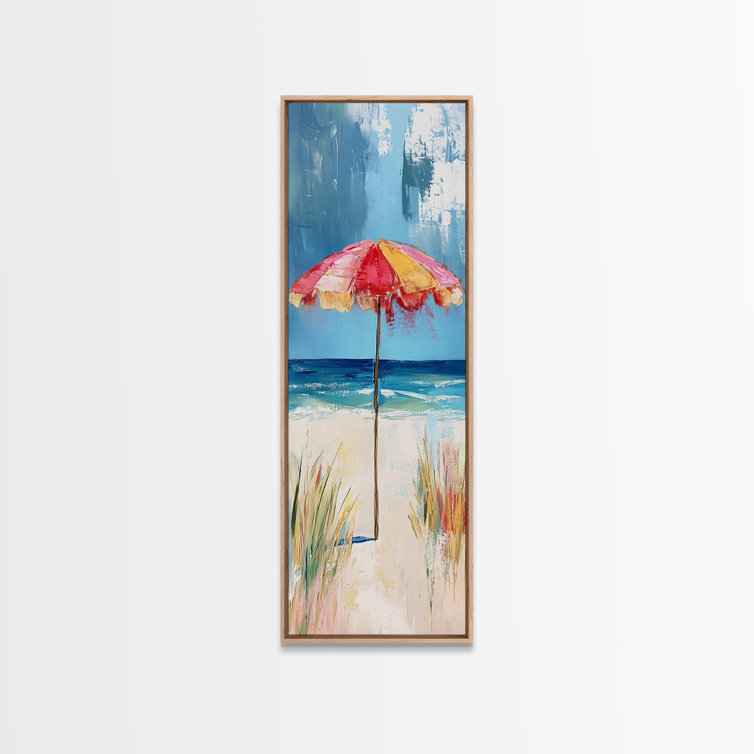 Beach Umbrella, Ocean Breeze, Coastal Decor, Surf Wall Art, Nautical Painting, Coastal Wall Art, Framed Canvas Print, Tall Skinny Art