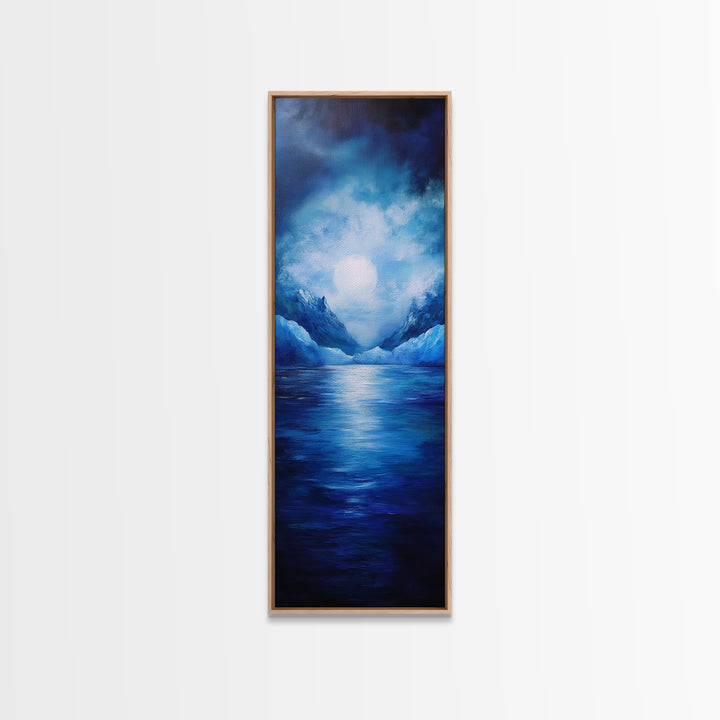 Moonlit Lake, Mountain Painting, Moody Art, Coastal Landscape, Nautical Wall Art, Christmas, Framed Canvas Print