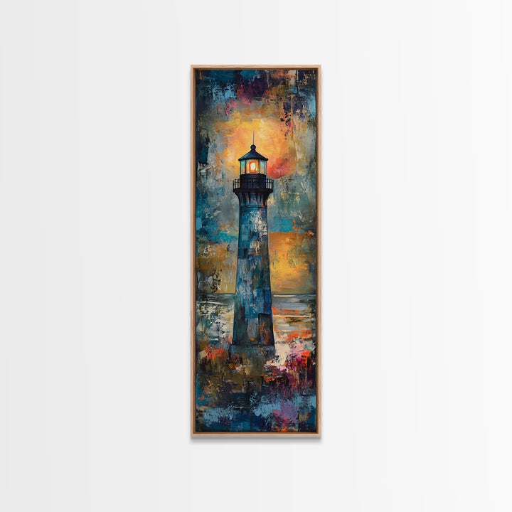 Lighthouse Glow, Moody Seascape, Nautical Painting, Coastal Decor, Sunset Wall Art, Framed Canvas Print, Bedroom Art