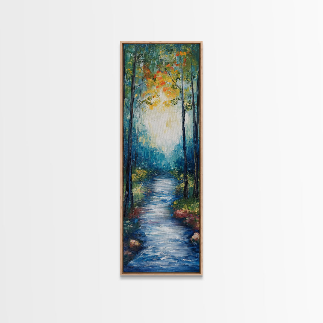 Autumn Forest Path, forest at dusk painting, birch tree painting, moody art, landscape painting, vertical wall art, Canvas Print