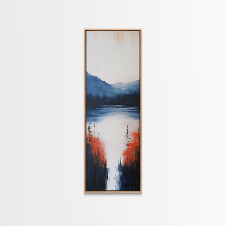 Misty Lake, smoky mountain art, landscape painting, wabi sabi wall art, moody art, blue and green wall art, Framed Canvas Print