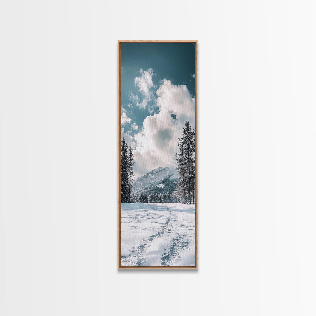 Winter Path, pine tree art, mountain painting, snowy landscape, rustic decor, minimalist art, Framed Canvas Print, vertical wall art