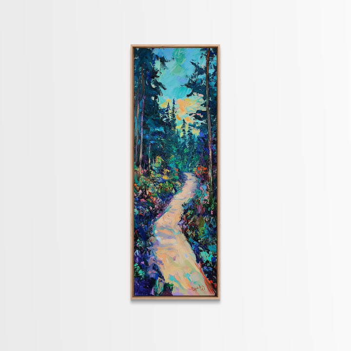 Abstract Forest Path, moody art, landscape painting, wildflower painting, pine tree art, framed canvas print, vertical wall art
