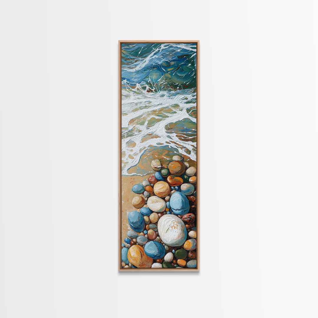 Pebble Beach Art, coastal painting, framed canvas print, beach house decor, nautical wall art, blue and green wall art