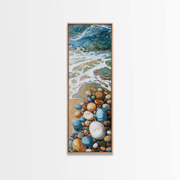 Pebble Beach Art, coastal painting, framed canvas print, beach house decor, nautical wall art, blue and green wall art