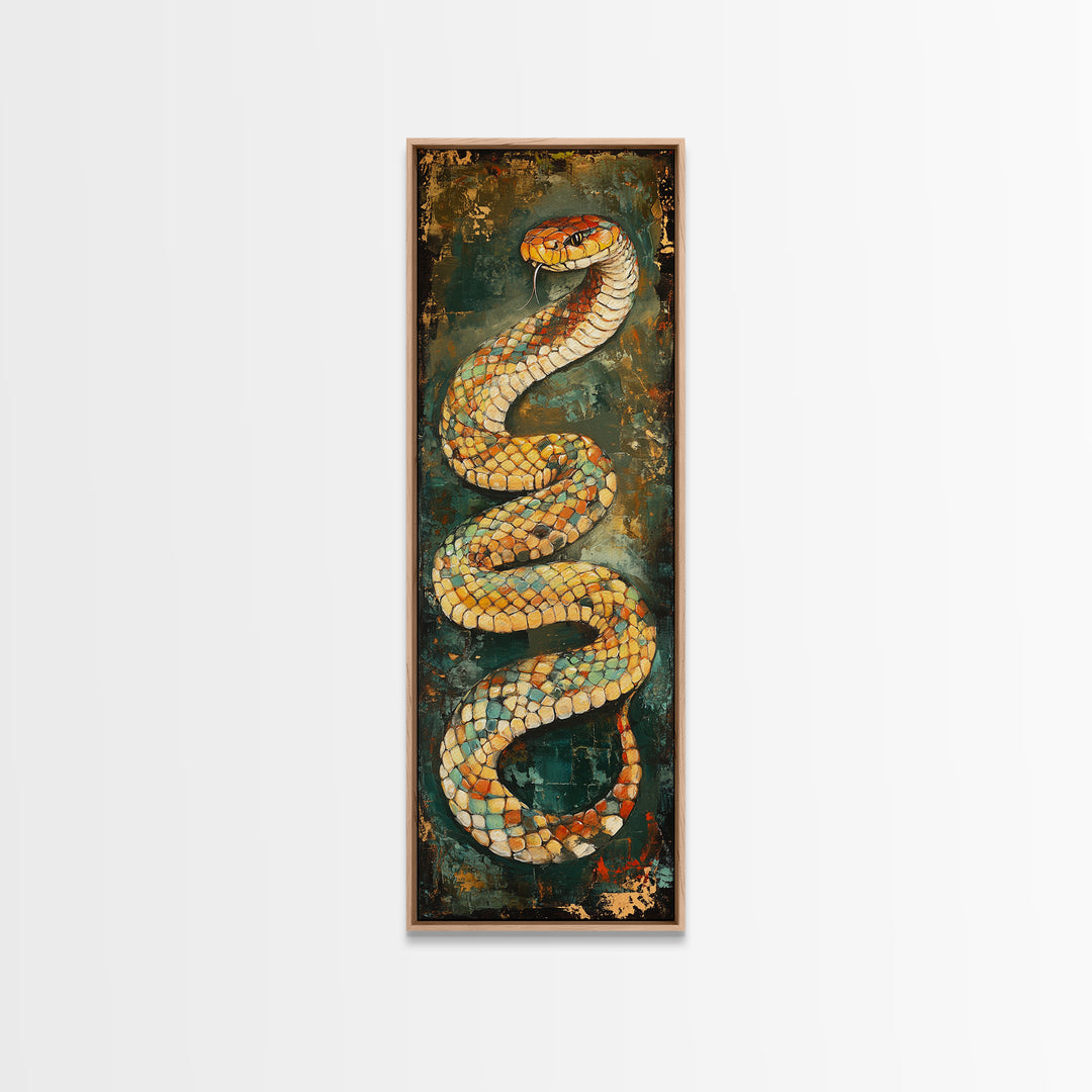 Coiled Snake, Wildlife Painting, Moody Art, Rustic Decor, Extra Wide Art, Above Sofa Art, Living Room Art, Framed Canvas Print
