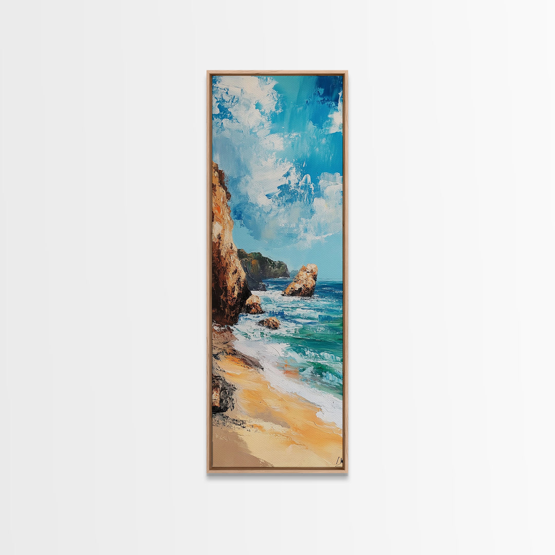 Coastal Beach, Ocean Waves, Rocky Shore, Framed Canvas Print, coastal decor, nautical wall art, seascape painting, rustic art