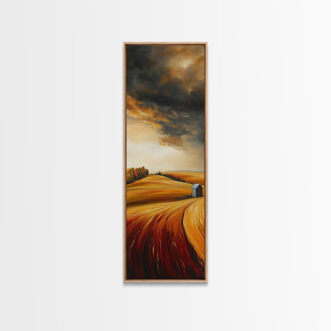 Autumn Fields, Stormy Sky, Golden Wheat, Canvas Print, barn landscape oil painting, farmhouse art, rustic wall art, fall decor