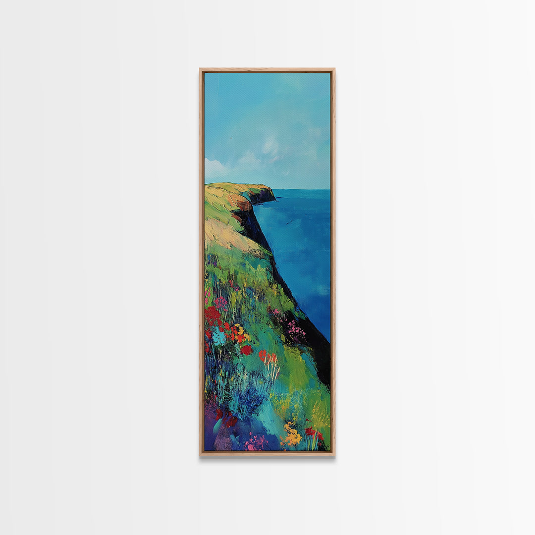 Coastal cliffs, Ireland painting, wildflower painting, landscape painting, framed canvas print, extra wide art