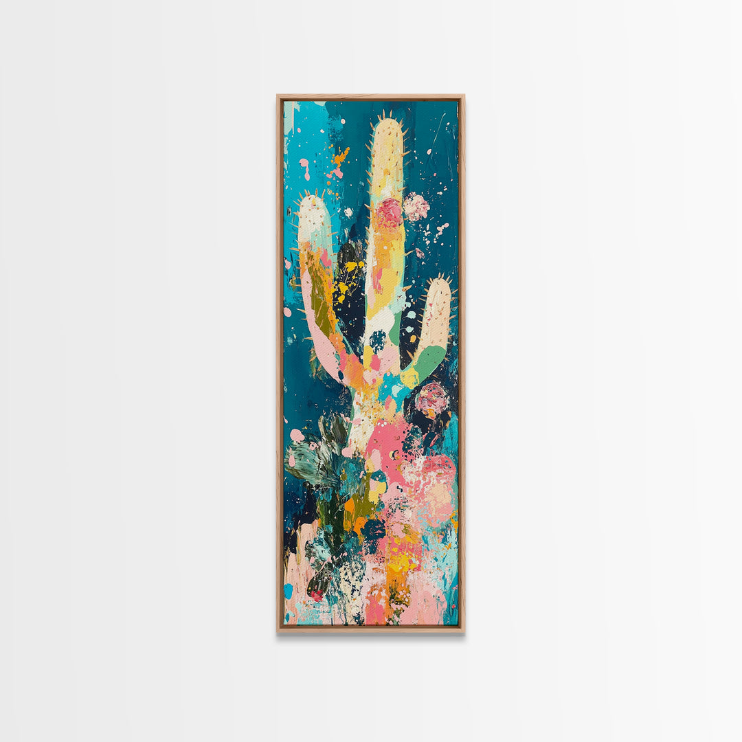Colorful cactus, southwest wall art, agave painting, botanical prints, framed canvas print, tall narrow art, vertical wall art