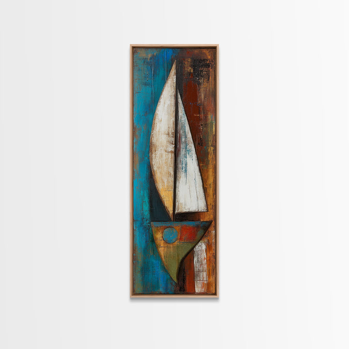 Abstract sailboat, nautical painting, long narrow wall art, framed canvas print, rustic art, extra wide art, blue and green wall art