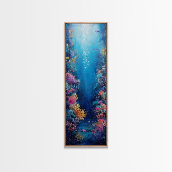 Deep Sea Coral, dolphin painting, ocean wall art, marine life art, framed canvas print, nautical decor, blue and green wall art