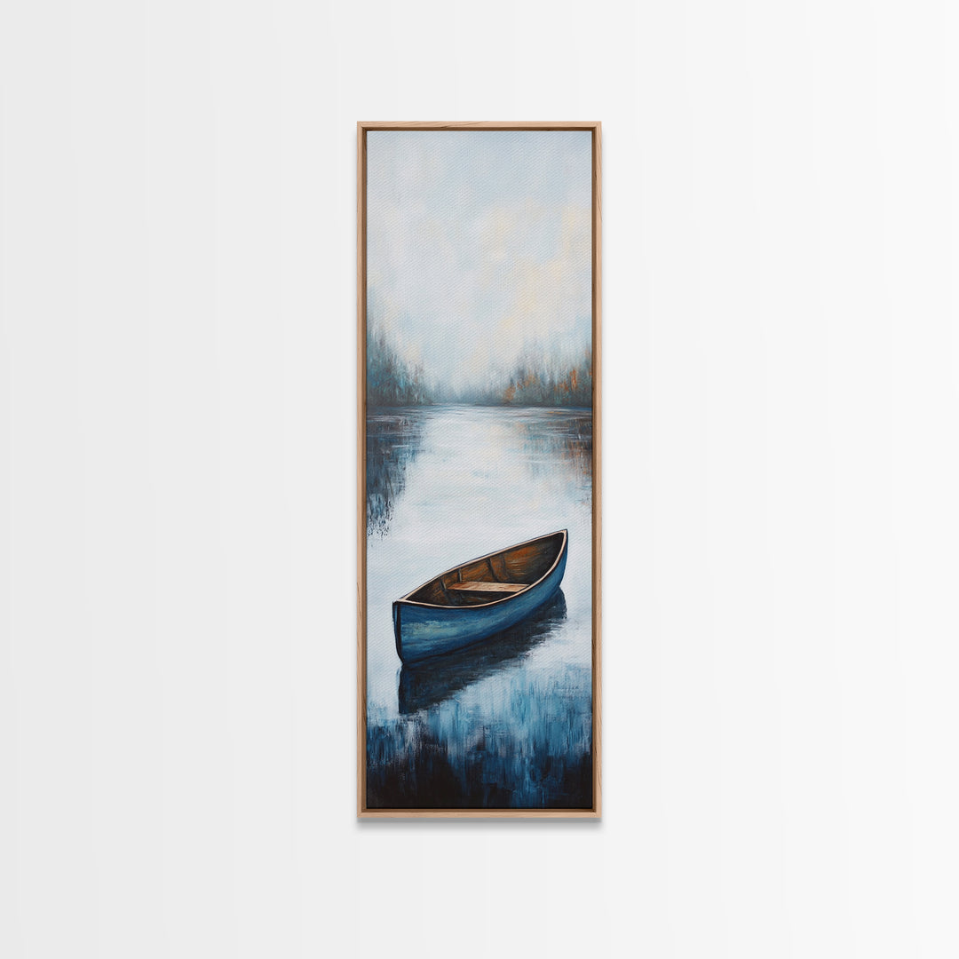Blue Canoe on Lake, lake Tahoe art, nautical wall art, rustic decor, farmhouse art, framed canvas print, above sofa art