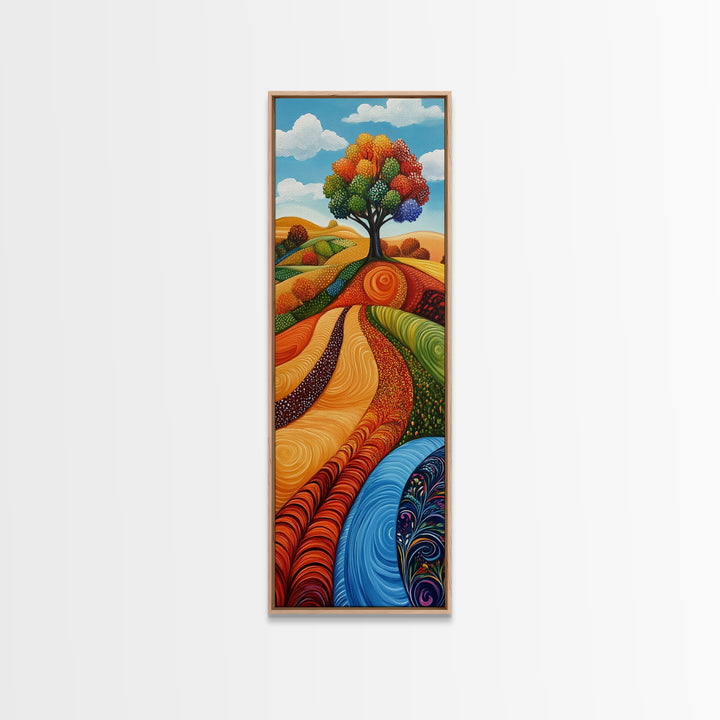 Colorful Fields, folk art, Russian folk art, pink orange wall art, bright and bold, framed canvas print, extra wide art