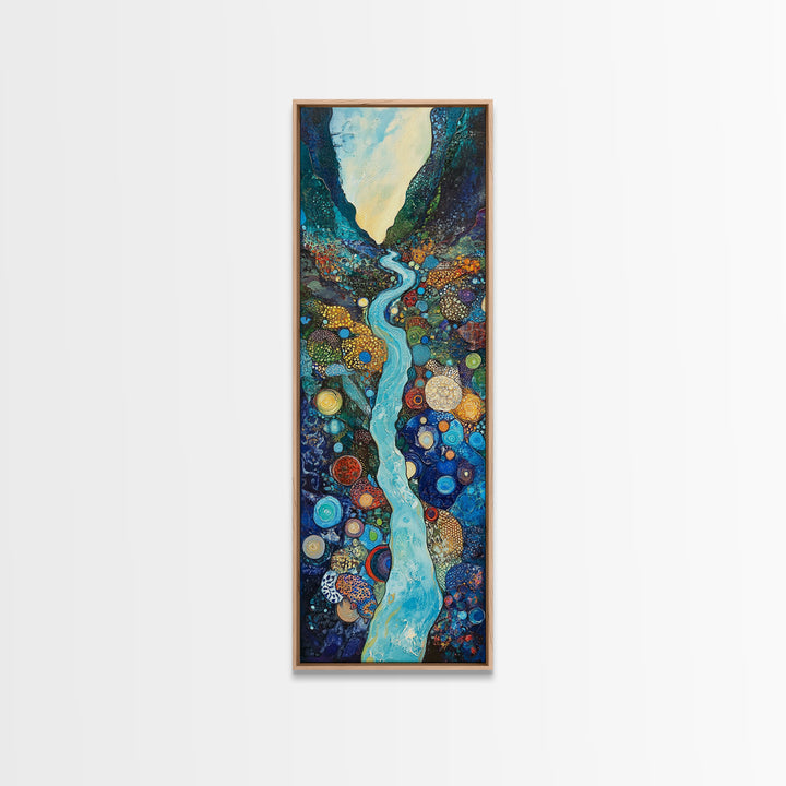 Abstract River, mosaic wall art, blue and green wall art, geometric wall art, whimsical art, framed canvas print, tall narrow art