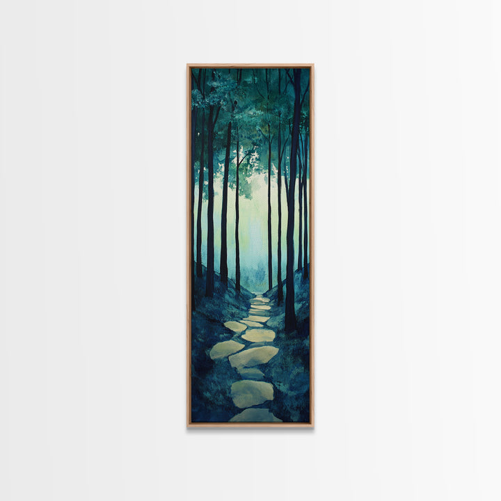 Forest Path, pine tree art, wabi sabi wall art, rustic decor, landscape painting, tall narrow art, green wall art, canvas print