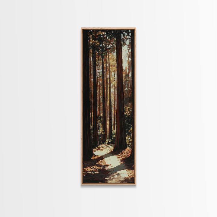 Redwood Forest, pine tree art, rustic decor, above sofa art, forest at dusk painting, wabi sabi art, tall skinny art, framed canvas print