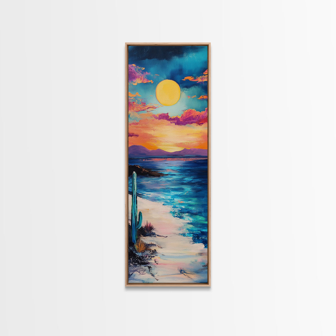 Desert Sunset, cactus painting, southwest wall art, coastal landscape art, framed canvas print, panoramic art
