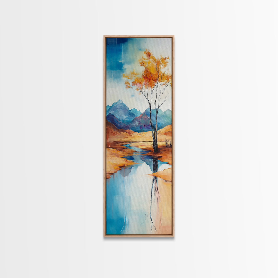 Autumn Reflections, landscape painting, birch tree art, above bed wall art, rustic wall art, framed canvas print, tall narrow art