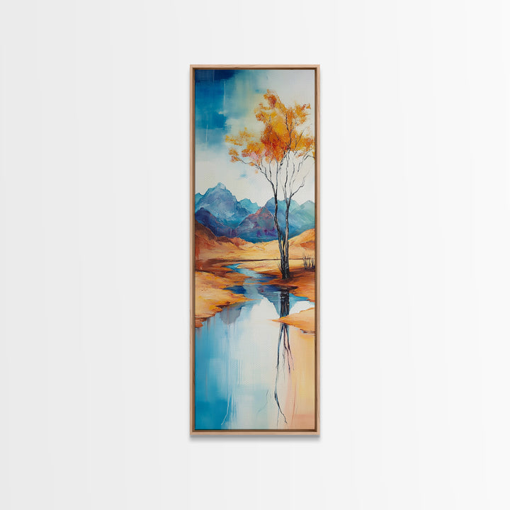 Autumn Reflections, landscape painting, birch tree art, above bed wall art, rustic wall art, framed canvas print, tall narrow art