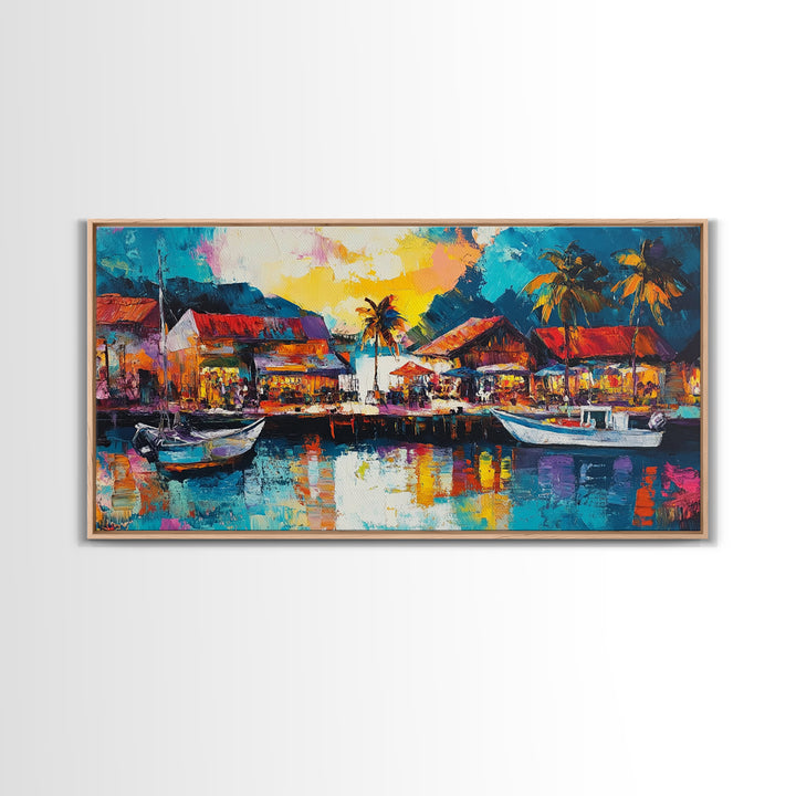 Coastal Village Painting, Nautical Wall Art, Tropical Landscape Art, Vibrant Art, Beach House Decor, Extra Wide Art, Canvas Print